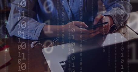 Poster - Image of ai binary coding and data over biracial female student using smartphone