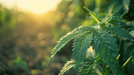 Canvas Print - Close-Up of Cannabis Plant Leaves in Sunlight