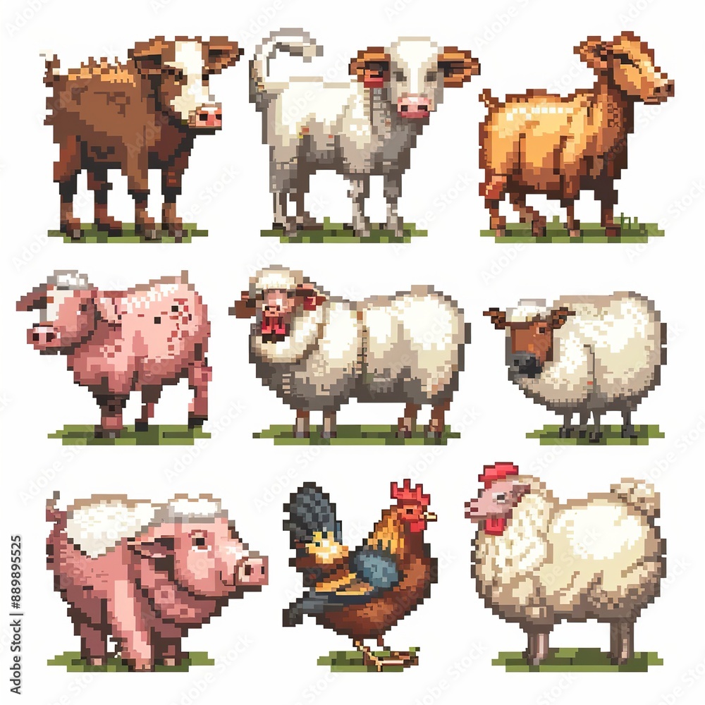 Adorable Farm Animals in Pixel Art Style Stock Illustration | Adobe Stock
