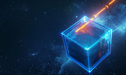 A blue cube with glowing edges floating in space, representing the concept of blockchain technology