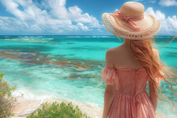 Poster - Woman in a straw hat looking at turquoise ocean capturing serenity and natural beauty in a vibrant and picturesque setting