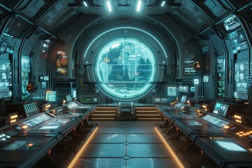 Poster - Futuristic Control Room With World Map Display
