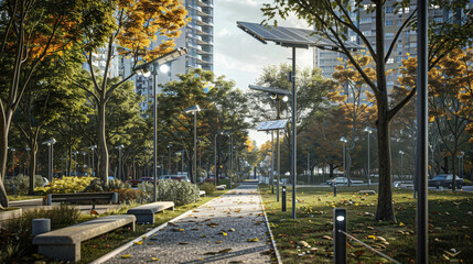 Realistic image of a city park with solar-powered streetlights clean and green urban living detailed surroundings