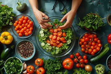 Person Adding Tomatoes to Cucumber and Lettuce Salad on Blue Table