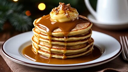 Wall Mural -  Deliciously indulgent stack of pancakes with caramel sauce