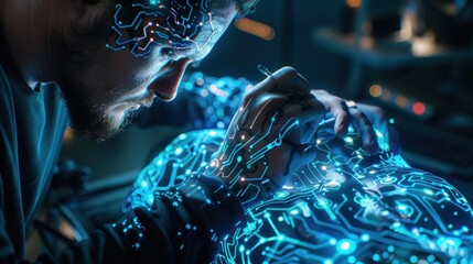 Aufkleber - A man is drawing a blue robot with a computer