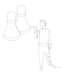 Poster - One continuous line of Man pointing with finger at pawn, chess piece. Thin Line Illustration vector concept. Contour Drawing Creative ideas.