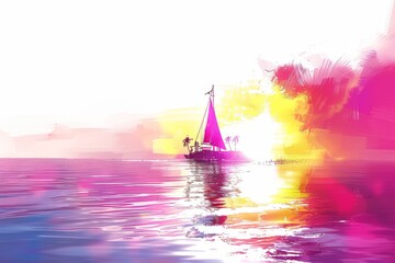 Canvas Print - Vibrant sailboat on colorful ocean at sunset capturing adventure and tranquility in a bright and dreamy setting