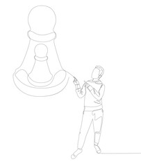 Poster - One continuous line of Man pointing with finger at pawn, chess piece. Thin Line Illustration vector concept. Contour Drawing Creative ideas.