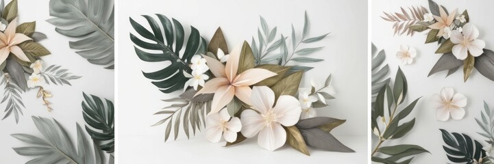 Wall Mural - Elegant floral arrangement featuring delicate flowers and tropical leaves on a white background. Perfect for nature-inspired designs and decor.