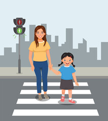 Poster - Cute little girl and her mother crossing the road on zebra crossing