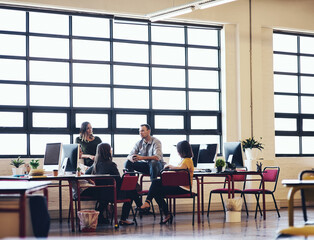 Poster - Teamwork, people and meeting in office for business, project and planning or communication. Collaboration, man and women in workplace or creative agency for conversation, brainstorming or partnership
