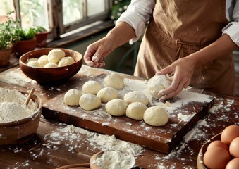 A baker shapes dough to make bread rolls. AI.