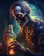 scary horror halloween zombie monster holding a glass bottle 