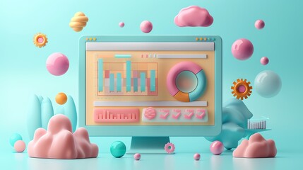 Aufkleber - 3D illustration of colorful computer with data analysis and graphs.