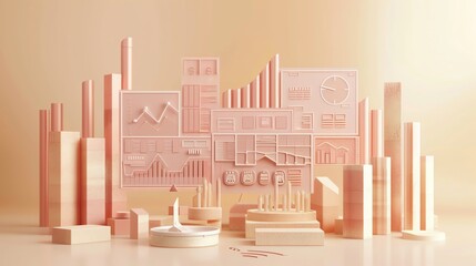 Poster - Abstract pastel pink 3d geometric shapes with data visualization elements.