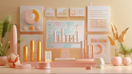 Aufkleber - 3D Render of Office Workspace with Pink and Yellow Aesthetic.