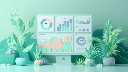 Aufkleber - Modern Minimalist 3D Render of Charts and Plants.