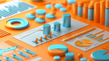 Poster - Colorful 3D Charts and Graphs on Orange Background.