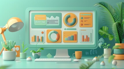 Poster - 3D Illustration of a Computer Desk with Charts and Graphs.