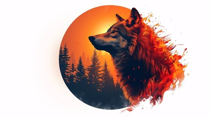  8. A minimalist image with a white background featuring a fire-wreathed wolf howling, positioned in the center
