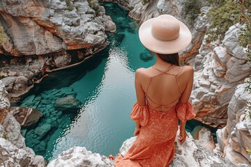 Sticker - Woman in a sun hat overlooking a scenic coastal view in a tranquil picturesque illustration