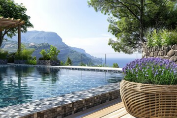 Sticker - Infinity pool with mountain view in a serene luxurious illustration