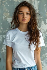 White tshirt mockup on woman model created with Generative AI