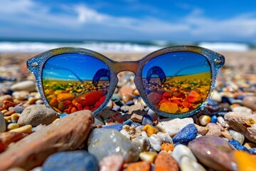 Poster - Reflective sunglasses on a colorful beach with pebbles in a vibrant fun illustration