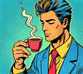 Wall Mural - A pop art style illustration of a man holding a steaming cup of coffee