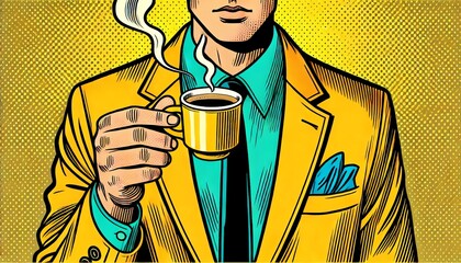 Wall Mural - A pop art style illustration of a man wearing a yellow suit, turquoise shirt, and black tie, holding a steaming cup of coffee