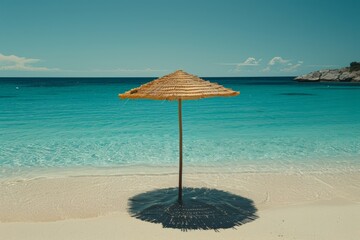 Sticker - Solitary beach umbrella on a pristine shore with turquoise water in a minimalist photograph