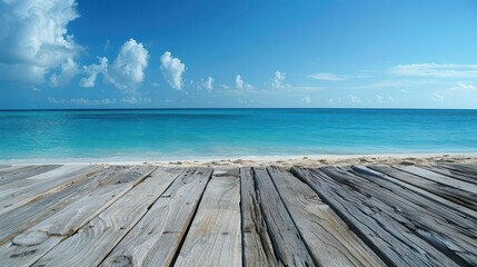 Wall Mural - serene beach scene with weathered wooden deck overlooking tranquil ocean horizon