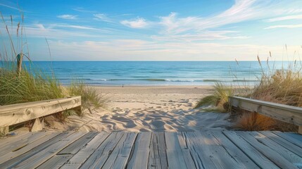 Wall Mural - serene beach scene with weathered wooden deck overlooking tranquil ocean horizon