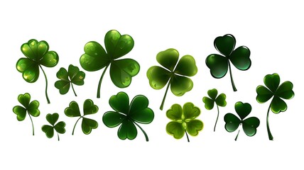 
Collection set of green lucky clover and shamrock isolated on transparent background, Saint Patrick day celebration symbol, png file