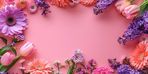 Poster - A beautiful arrangement of colorful flowers on a pink background. AI.