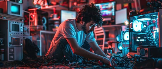 Wall Mural - A young man is working on a computer. AI.