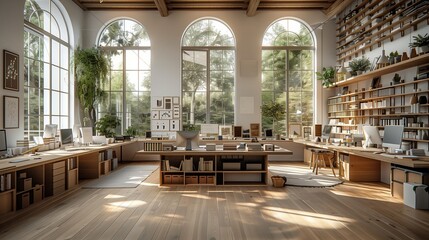 Poster - Modern Home Office With Large Windows And Wooden Desks