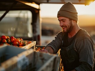 Sticker - A farmer is harvesting tomatoes from a crate in the field. AI.