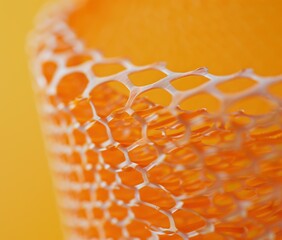 Sticker - Close-up of a white plastic net with a honeycomb pattern against an orange background. AI.