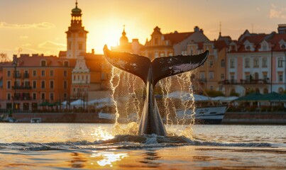 Wall Mural - A whale's tail breaches the water's surface in a stunning display of marine beauty. AI.