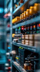 Canvas Print - Close-up of electronic equipment in a server room. AI.