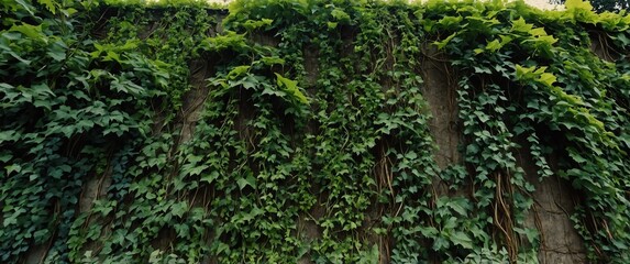 Wall Mural - vine covered wall wide angle view background for banner with copy space