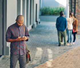 Poster - Phone, university and man on campus for learning, knowledge and education for online chat. College, studying and happy person on smartphone for social media, website and internet search at academy