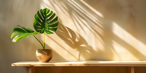 Sticker - Elegant wooden table holding a tropical leaf with sunlight casting a play of shadows across a beige wall ideal for high end jewelry display with copy