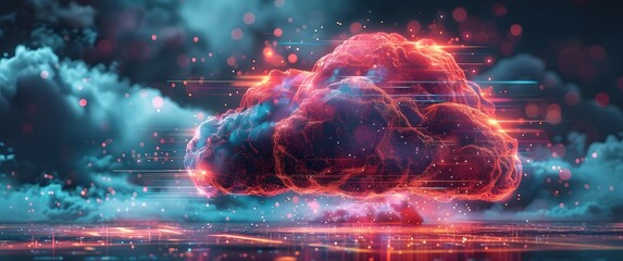 Fiery Digital Brain A Surreal Cloud Data Stream Concept of Intelligence