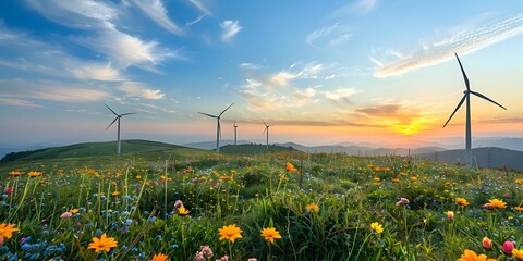 Canvas Print - Wind Turbines on Scenic Hill with Wildflowers Sustainable Energy and Nature Concept