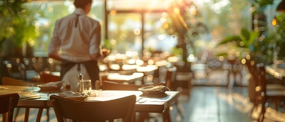 Blurred view of worker cleaning tables at restaurant with copy space