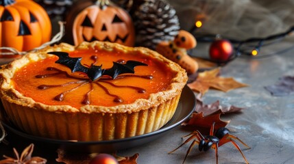 Pie plate with bat, pumpkin, spider figure on christmas table isolated on pale background. Food background for Halloween Day and Pumpkin Day