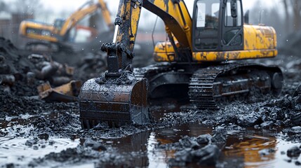 Excavator digs through challenging wet terrain powerfully.